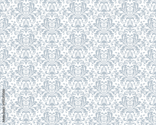Wallpaper in the style of Baroque. White and gray floral ornament. Seamless vector background. Graphic pattern for fabric, wallpaper, packaging. Ornate Damask flower illustration