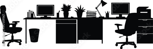 Silhouette of a Modern Office Interior with Desks Chairs and Computers Keywords: office, interior, workspace, desk, chair