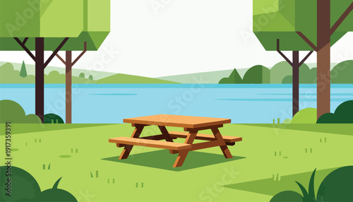 Wooden picnic table on grass by a lake with trees and hills