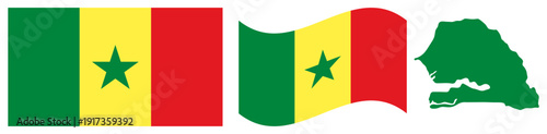 Senegal National Flag and Map. Official Republic of Senegal Emblem Featuring Three Vertical Stripes of Green, Yellow, and Red with a Central Green Star and Geographical Country Map Silhouette.