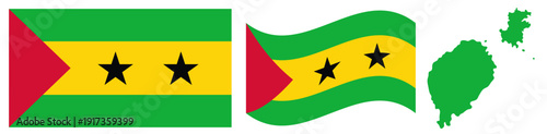 Sao Tome and Principe National Flag and Map. Official State Emblem Featuring Three Horizontal Stripes of Green and Yellow with a Red Triangle and Two Black Stars with Geographical Island Map Silhouett