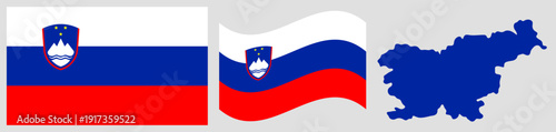 Slovenia National Flag and Map. Official Republic of Slovenia Emblem Featuring Three Horizontal Stripes of White, Blue, and Red with the National Coat of Arms and Geographical Country Map Silhouette.