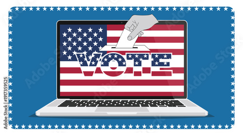 Online voting concept for US elections showing a laptop screen with the American flag and a hand submitting a ballot.