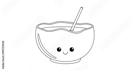 Adorable line art illustration of a cute bowl character with a happy face and a drinking straw for kids coloring books.