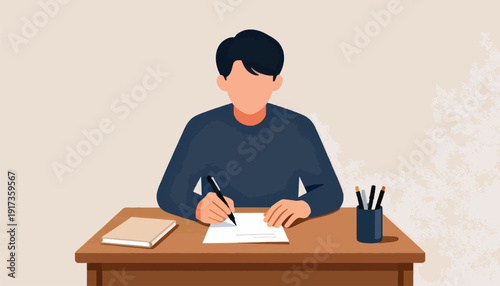Young person writing on paper at a desk with book and pens