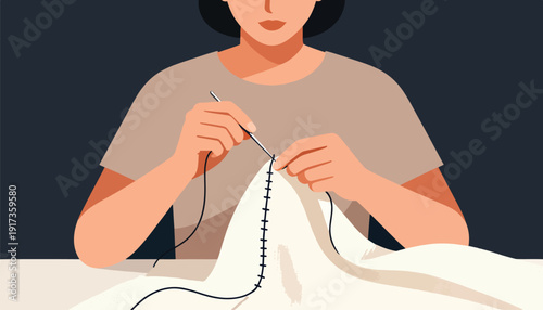 Person sewing a white fabric with a needle and dark thread