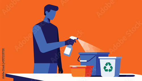Person spraying cleaning solution near buckets and a recycling bin