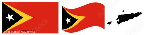 Timor Leste National Flag and Map. Official Democratic Republic of Timor-Leste Emblem Featuring a Red Field with a Yellow Triangle and a Black Triangle with a White Star and Map Silhouette.