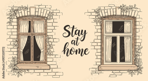 Hand drawn illustration of two house windows on a brick wall with the message Stay at home during the quarantine period.