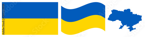 Ukraine National Flag and Map. Official Ukrainian State Emblem Featuring Two Equal Horizontal Bands of Azure Blue and Golden Yellow with the Geographical Country Shape Silhouette Graphic Design.
