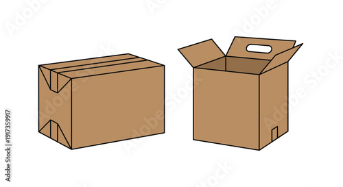 Two brown corrugated cardboard boxes for moving or shipping showing one closed and one open with handles and flaps.