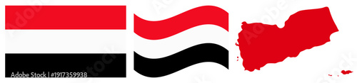 Yemen National Flag and Map. Official Republic of Yemen Emblem Featuring Pan-Arab Colors with Three Horizontal Stripes of Red, White, and Black and the Geographical Country Shape Silhouette Graphic.