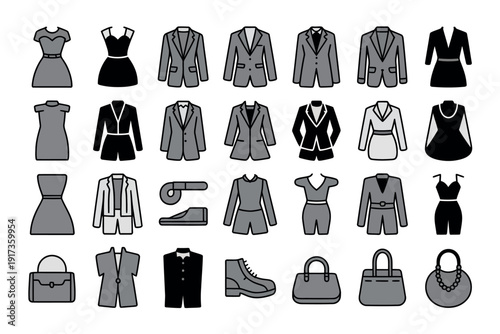 A collection of various fashion items and clothing on a white background