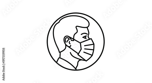 Line art icon showing the profile of a man wearing a protective face mask for health and safety in public spaces.