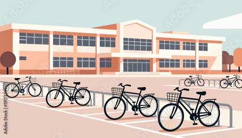 Rows of bicycles parked outside a building with a large canopy