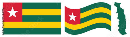 Togo National Flag and Map. Official Togolese Republic Emblem Featuring Five Alternating Green and Yellow Horizontal Stripes with a White Five-Pointed Star on a Red Square Canton Graphic Silhouette.