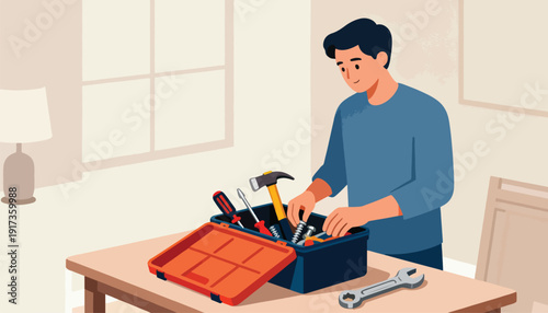 Person organizing tools in a toolbox with a hammer, screwdrivers, and wrenches