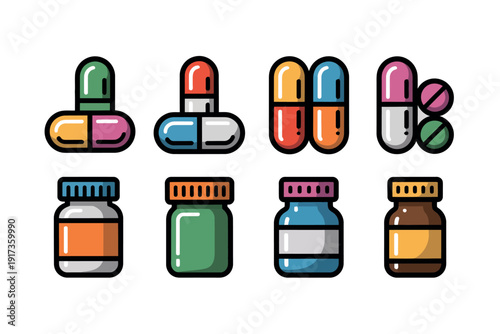 A colorful illustration of various cartoon medicine capsules and bottles on a white background