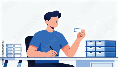 Person at desk holding card, writing