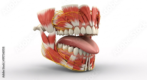 Detailed anatomical view of human jaw structure showcasing teeth, tongue, and facial muscles