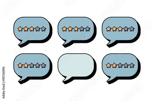 A set of cartoon speech bubbles with star ratings on a white background