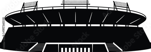 Silhouette of a stadium with floodlights and seating on a white background Keywords: stadium, silhouette, sports, arena