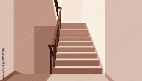 Simple, minimalist staircase with warm, muted tones and a wooden handrail