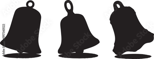 Three black silhouette bell icons with varying tilts, depicted as simple solid shapes with a small loop at the top, isolated on a white background.