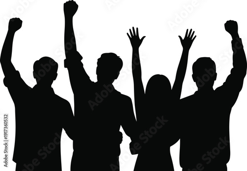 Silhouette of four people with arms raised in celebration against a white background group cheering