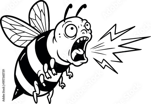 Cartoon Bee with Angry Expression and Lightning Bolts in Black and White Line Art