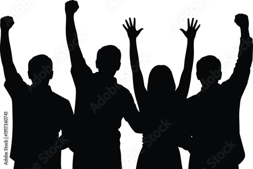Silhouette of four people with arms raised in celebration against a white background group cheering