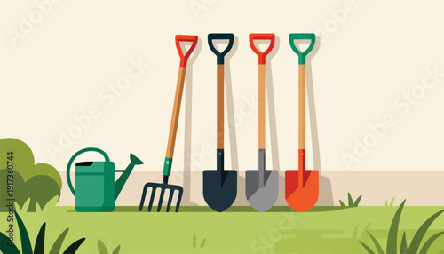 A garden scene with a watering can, rake, and four colorful shovels