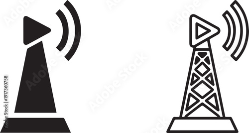Communication tower icon collection. Includes signal, antenna, broadcast, network, radio, and cellular symbols. Created in solid and outline styles with a black and white palette.