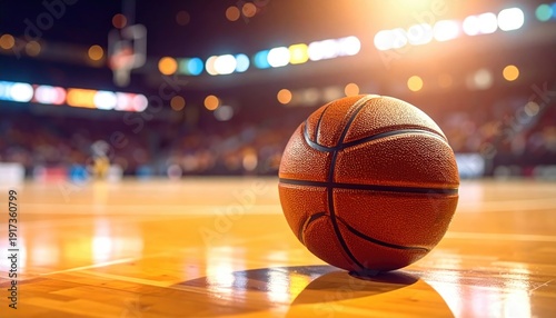Basketball on wooden court, arena in background, under bright lights