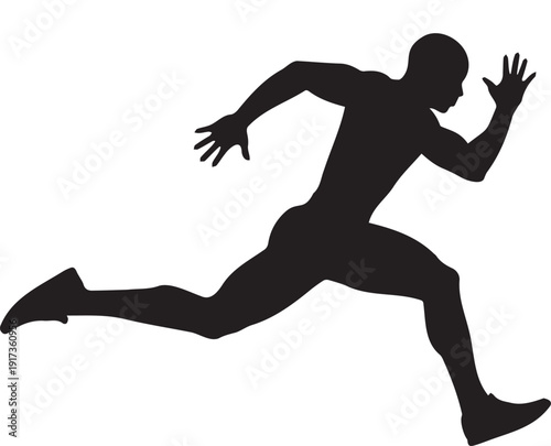 Dynamic black silhouette of a male sprinter in mid-stride, captured in a powerful and athletic running pose, isolated on a transparent background.