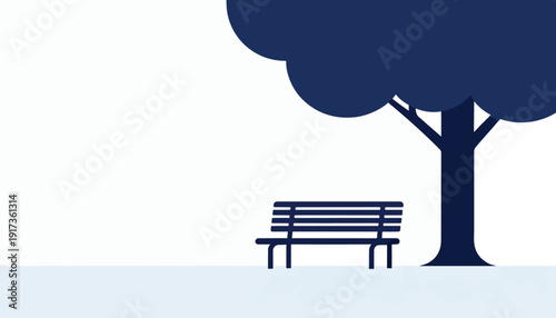 Simple dark blue tree and bench silhouette on a white background