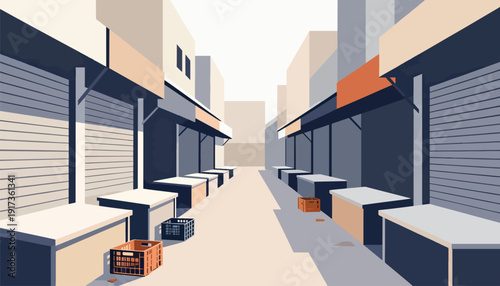 A deserted marketplace with closed stalls, displays, and crates