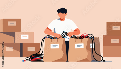 Person organizing cables into paper bags near stacked boxes