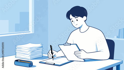 Young person writing on a clipboard at a desk with papers