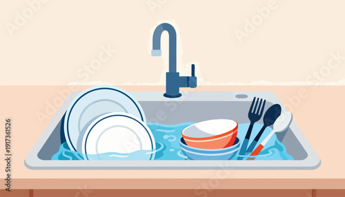 A sink full of dishes with a faucet and water