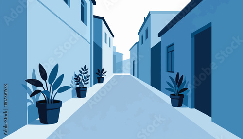 A quiet, narrow street lined with buildings and potted plants