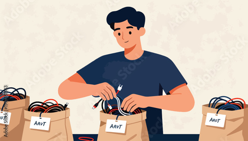Person sorting cables in bags