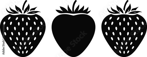 Three black silhouette strawberries with leaves and seeds on a white background Keywords: strawberry, fruit, food, berry