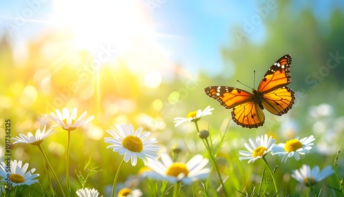 A vibrant butterfly resting on daisies, illuminated by warm sunlight in a lush garden
