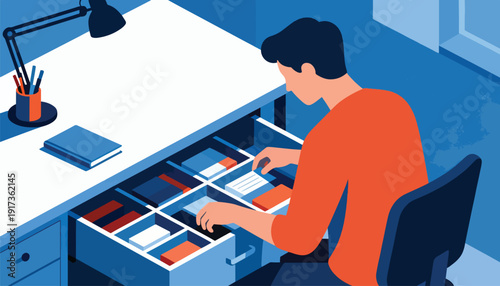 Person organizing desk drawer with office supplies