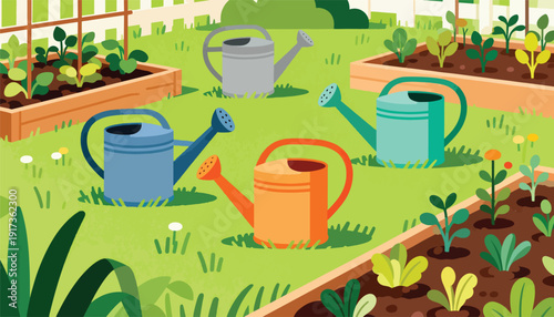 Colorful watering cans water young plants in raised garden beds