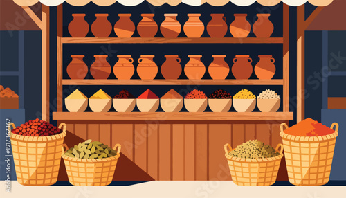 A colorful market stall displaying various spices in woven baskets and clay pots