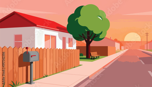 Suburban street scene with a house, fence, mailbox, tree, and sunset