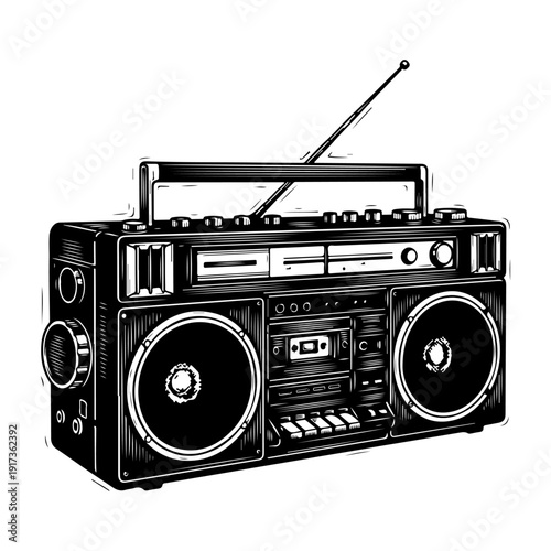 Vintage Boombox Stereo System Illustration.