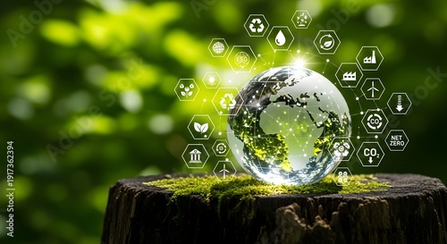 Globe with environmental icons floating in a green forest setting